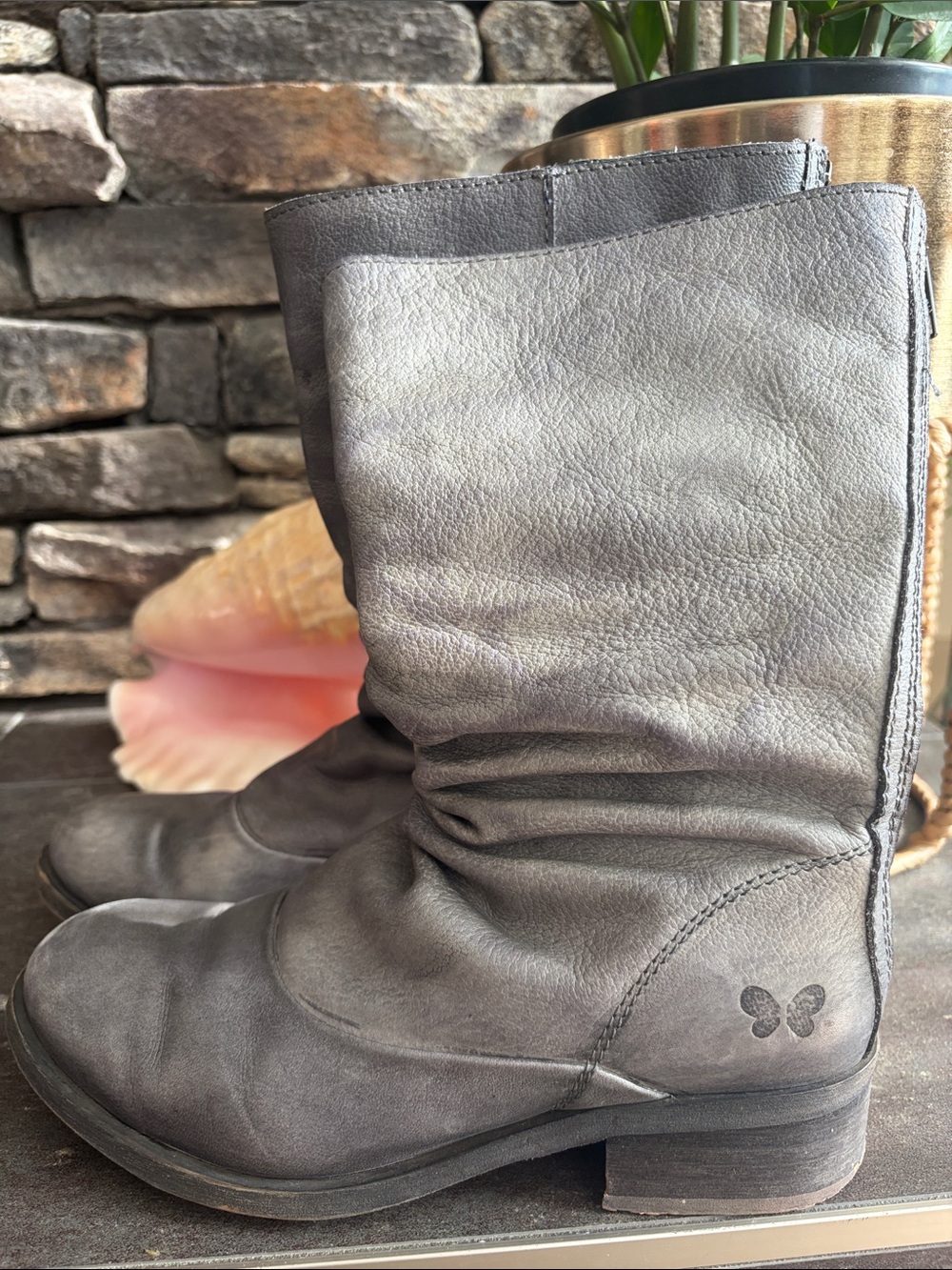 Felmini Portugal Washed Slate Grey Slouch Boots Back Zipper Striped Lining EU 38